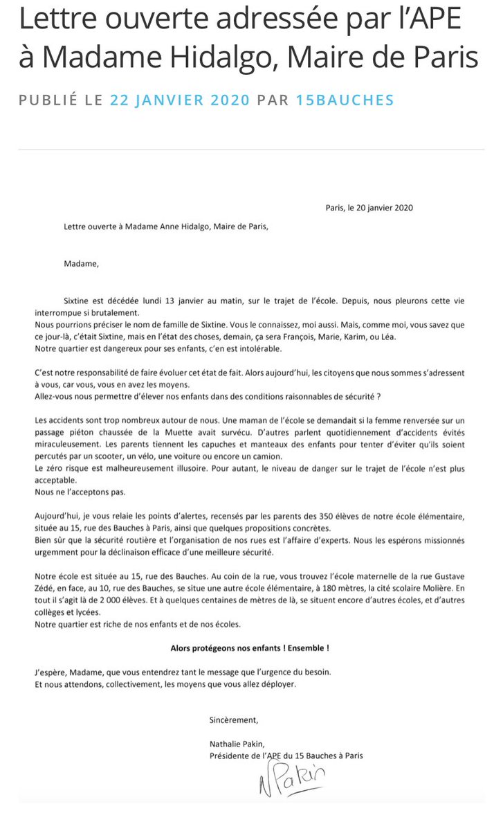 #mustread SVP Merci de lire notre lettre ouverte adressée par l’APE à <a href="/Anne_Hidalgo/">Anne Hidalgo</a> suite au #décès de #Sixtine décédée lundi 13 janvier au matin sur le trajet de l'école 
📣>> bit.ly/2TJvaiN 
#sinistre #assurance #prevention #formation #route @EPhilippePM
