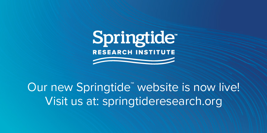 Announcement of the new Springtide Research Institute website with varying shades of blue waves directing people to visit springtideresearch.org 