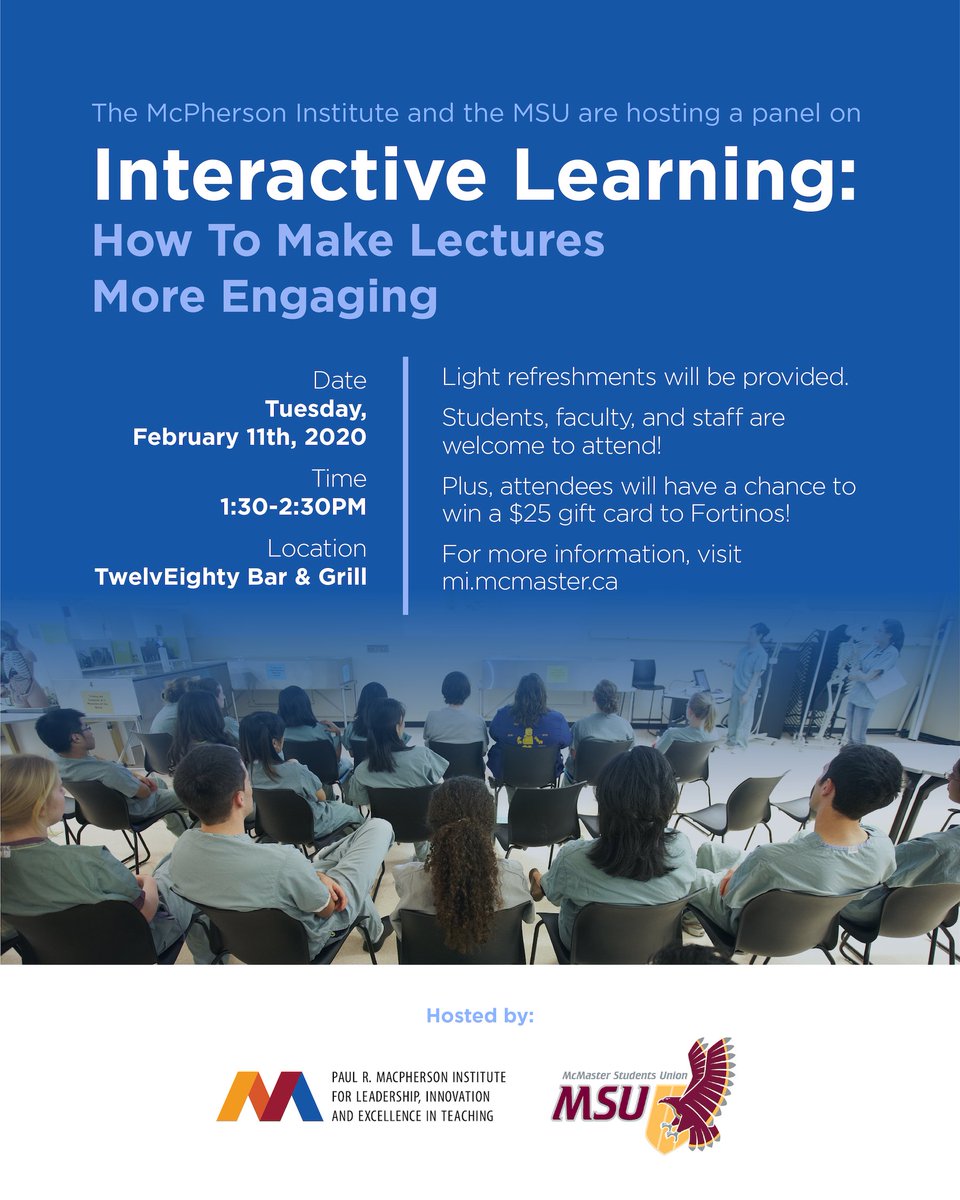.<a href="/McMaster_MI/">MacPherson Institute</a> &amp; the #McSU are hosting a panel on Interactive Learning. All students, faculty, and staff are welcome to attend! Includes light refreshments &amp; a prize is up for grabs. Learn more at mi.mcmaster.ca