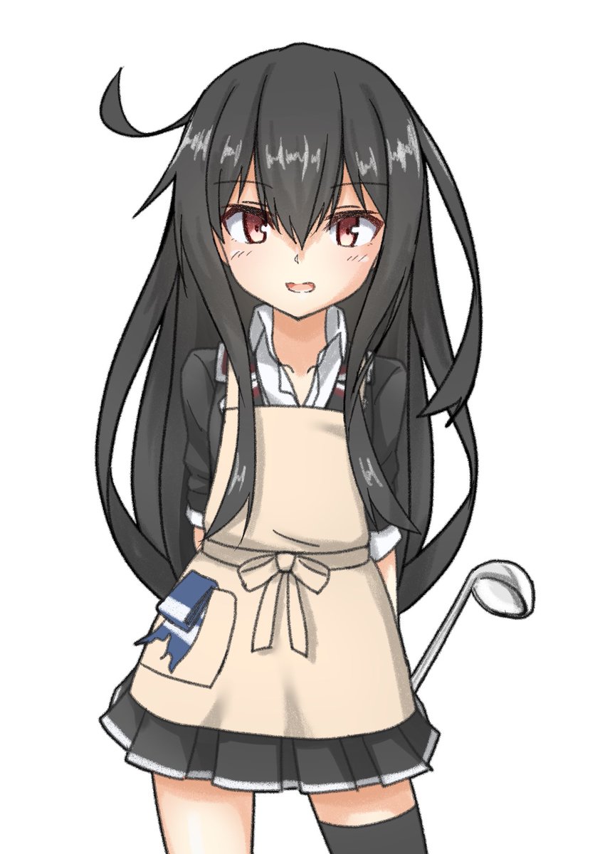 hatsushimo (kancolle) 1girl solo long hair black hair apron skirt simple background  illustration images