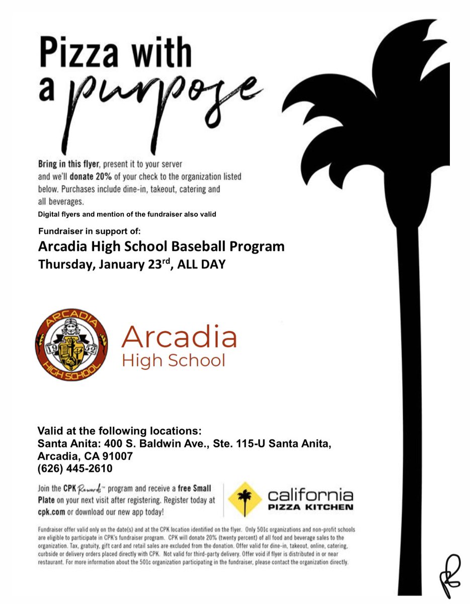Not sure what’s for lunch today, but we have your menu planned for tomorrow. All day...dine in or take out. 

Help support our baseball program THURSDAY, January 24. ALL DAY @ CPK! 

Show this flier &amp; tell them you’re there to support AHS Baseball <a href="/ApacheBoosters/">Arcadia HS Apache Athletics</a> <a href="/ArcadiaUnified/">Arcadia Unified</a>