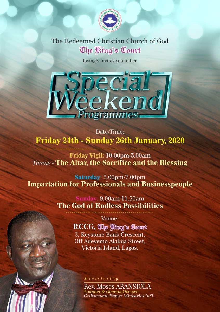 therccgtkclagos's tweet photo. Closer than yesterday!!! It’s 2 days to #SpecialWeekend Programmes! with Rev.Moses Aransiola. We are so amped and excited about this program!
Save the date: Jan. 24- 26, 2020
Time:
Friday : 10pm - 3am
Saturday : 5:00pm - 7:00pm
Sunday : 9:00 - 11:30am
#tkclagos https://t.co/By2GdaACSX