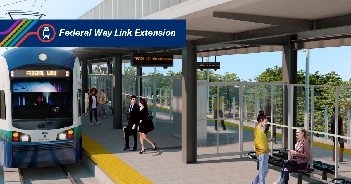 Artist's rendering of passengers boarding trains at the Federal Way Station headed to Seattle. 
