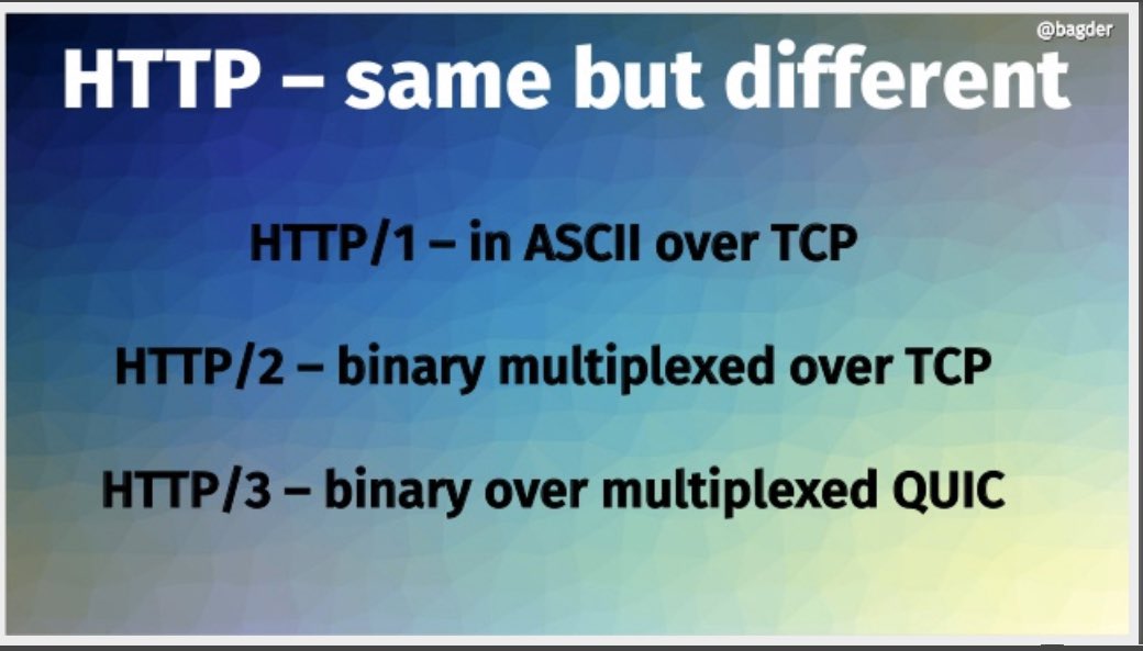 HTTP - same but different. HTTP/1 - in ASCII over TCP. HTTP/2 - binary multiplexed over TCP. HTTP/3 - binary over multiplexed QUIC.
