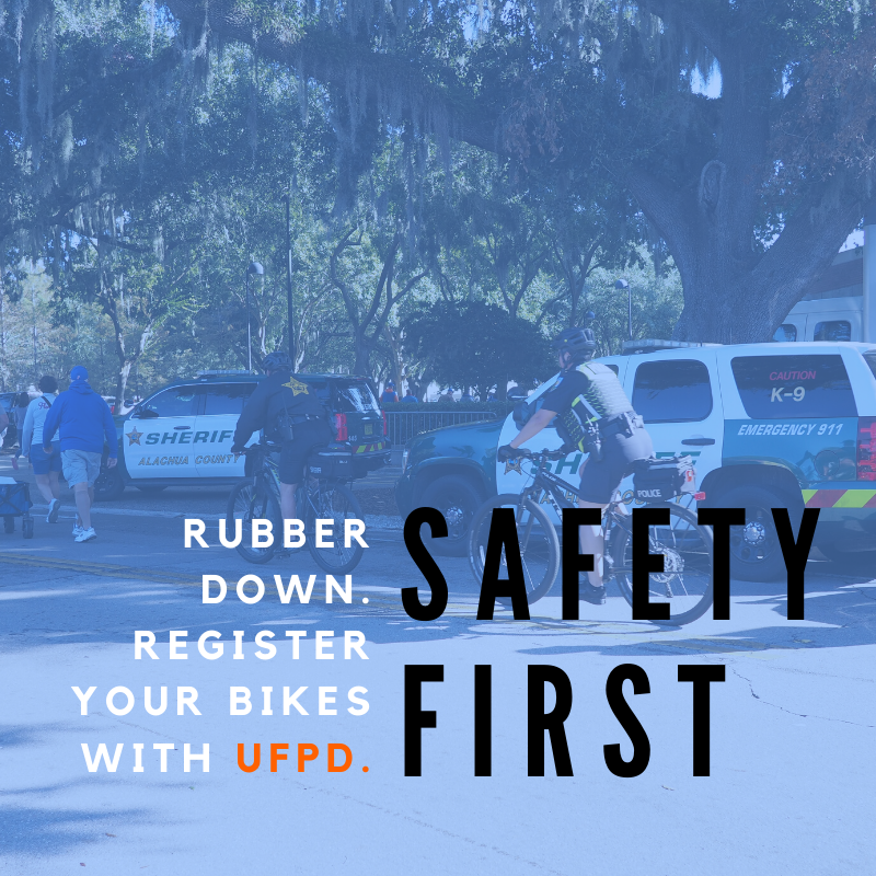UFPublicSafety's tweet photo. Gators take care of other Gators. Register your bike with the Police Department to ensure retrieval in the event the bike is stolen. At this time, we are not giving out any more bike lights, but we encourage all bike riders to purchase bike lights for safe night rides. #GatorSafe https://t.co/vrhyecn7qB