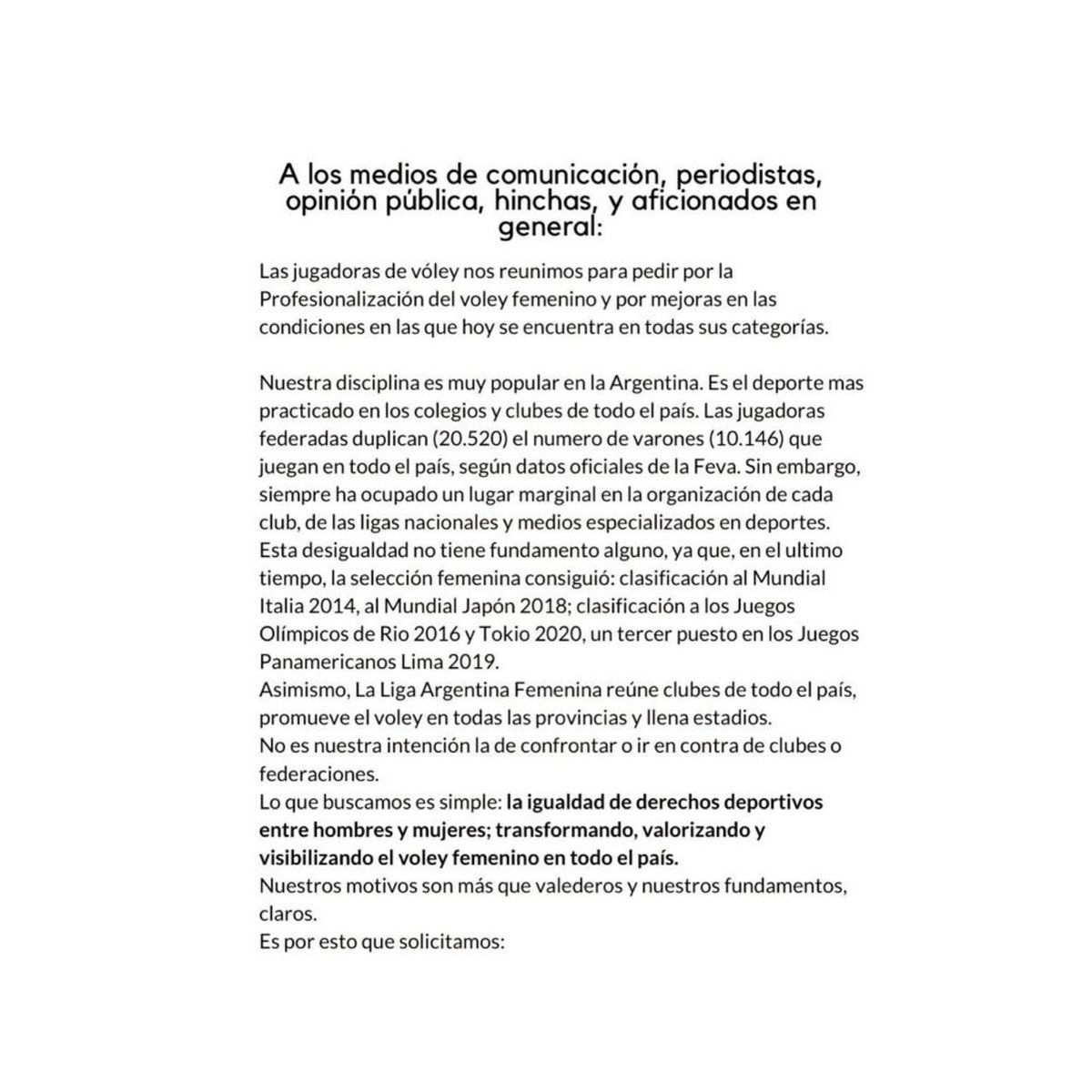 TatiRizzo5's tweet photo. Ante la gran repercusión por la  iniciativa de la #ProfesionalizacionDelVoleyFemenino, compartimos este comunicado oficial firmado por jugadoras y ex jugadoras Argentinas. https://t.co/4rFbXa3aud