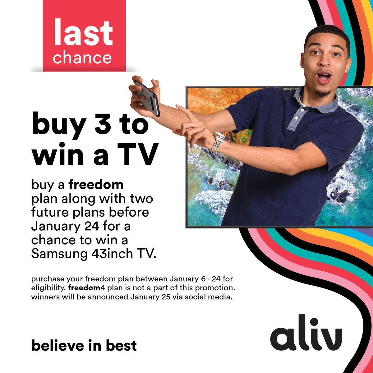 wearealiv's tweet photo. Have you purchased your Freedom plans as yet? Buy 3 and be entered to win a new Samsung TV! Drawing takes place this Friday!!
.
.
#MyAliv #BelieveInBest #PromisesFulfilled #Giveaway #BecauseOfYouWeAreAliv #FreedomSimplified https://t.co/1yJBOeYtBW