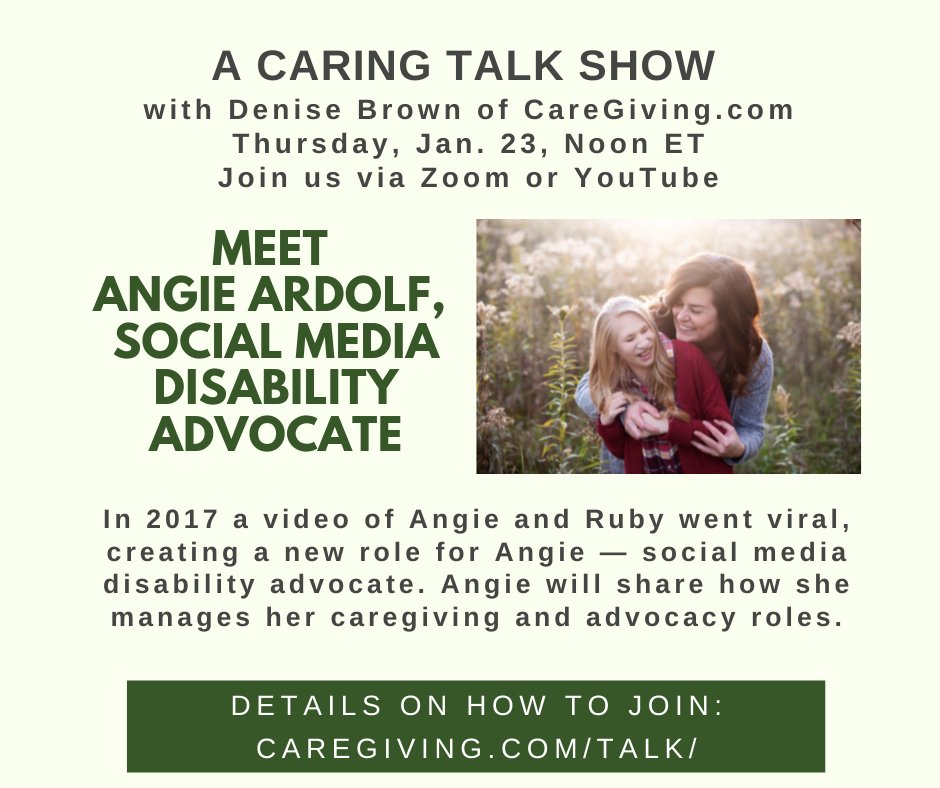 caregiving's tweet image. So excited to connect with @AngieandRuby on 1/23 at Noon ET! Angie will share how a viral video changed her life and her life&apos;s work. We&apos;d love for you to join us for this caring talk show episode. Details: caregiving.com/talk/