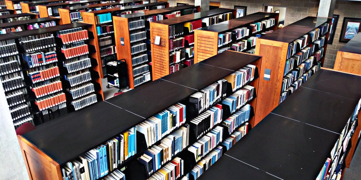 An overhead view of library shelves.