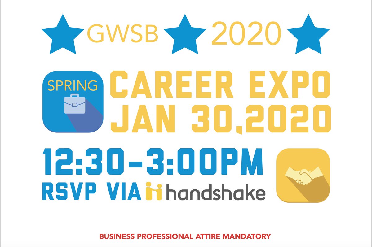 Have you RSVP’ed for the GWSB Spring 2020 Career Expo? If you have not, this is your opportunity to meet companies and network with employers looking to connect with GWSB students like YOU! #GWSB 

To RSVP: gwu.joinhandshake.com/career_fairs/1…