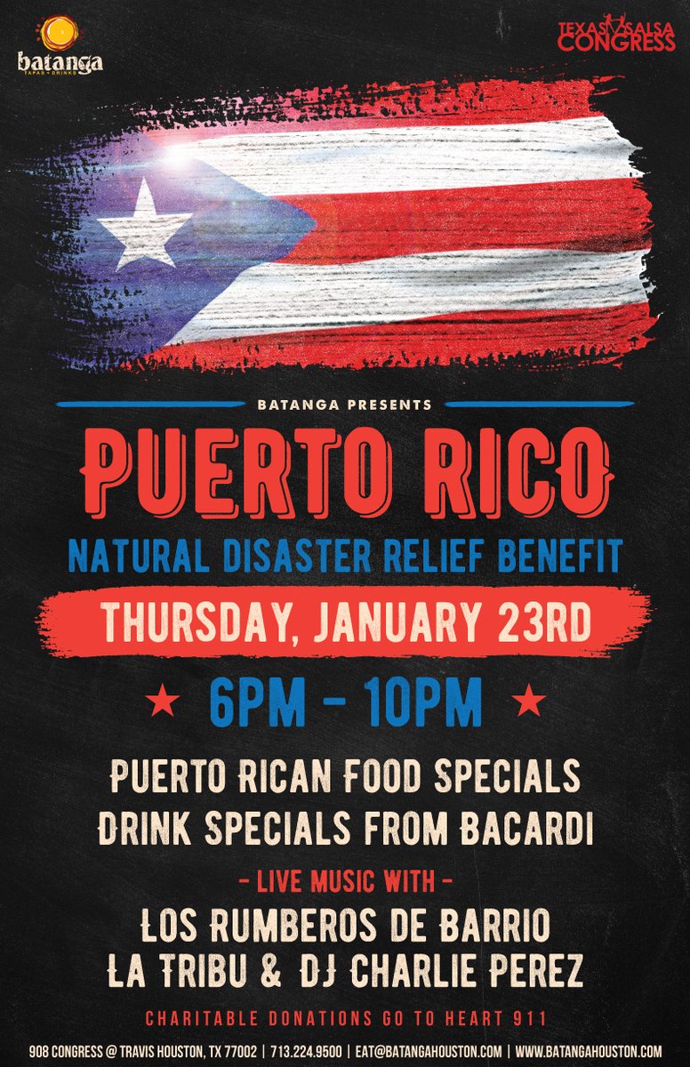 Our friends at <a href="/BatangaHouston/">Batanga</a> are hosting a benefit for Puerto Rico tomorrow night! Three live bands, a DJ, buffet, specialty cocktails, what more could you need?
