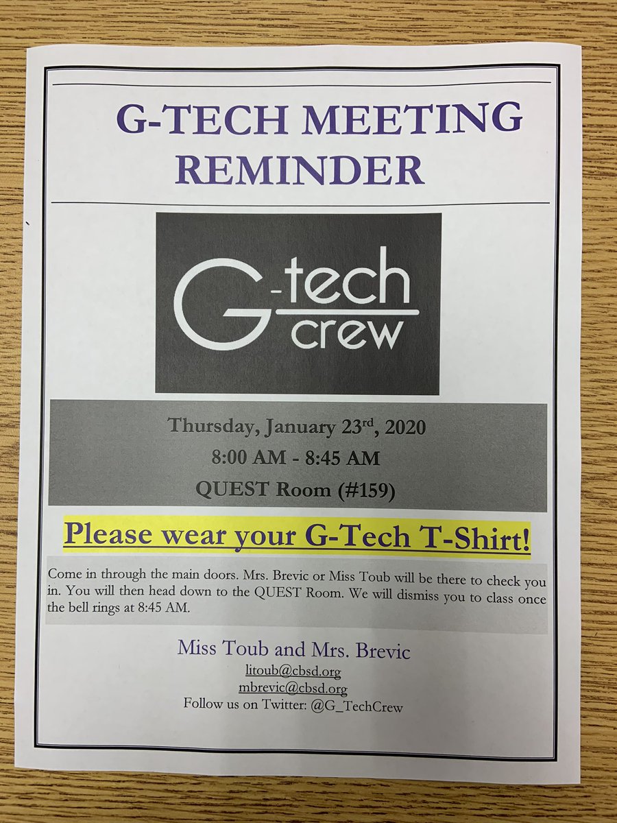 Reminder that we have a G-Tech Meeting tomorrow morning starting at 8 AM in the QUEST Room! Don’t forget to wear your G-Tech T-Shirt! See you bright and early <a href="/CBGrovelandEl/">Groveland Elementary</a>! #cbsdtech #gtech 📆📱💻
