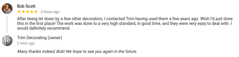 trimdecorating's tweet photo. Perhaps we have been paying too much attention to Instagram? Whether that's the case or not, we were delighted to receive this 5* Google review - thank you, Bob! https://t.co/hjAofXrWia