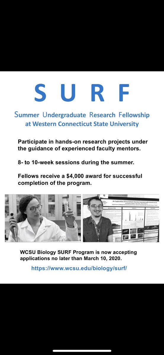 wcsubiology's tweet photo. The submission deadline for the SURF program is March 10th 2020! This program is open to all students, not just students at WCSU. For information about the program, including eligibility requirements and application details, visit:

https://t.co/mWbQNncSPP https://t.co/80SyLdDtEX