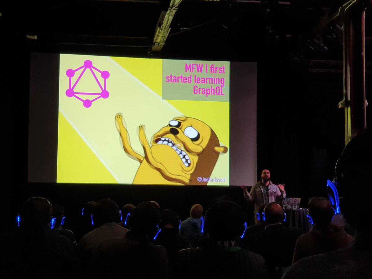 A talk slide showing Jake from Adventure Time being blinded from a light. Alt for said image: "MFW I first started learning GraphQL"
