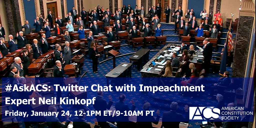 acslaw's tweet photo. Have questions about the #ImpeachmentTrial? Tune in here on Friday for an #AskACS Twitter chat where Neil Kinkopf, who was Counselor to Sen. Biden for the impeachment trial of President Clinton, will answer them! Submit your questions early here: https://t.co/VlY06brG14 https://t.co/o4iJexk0is