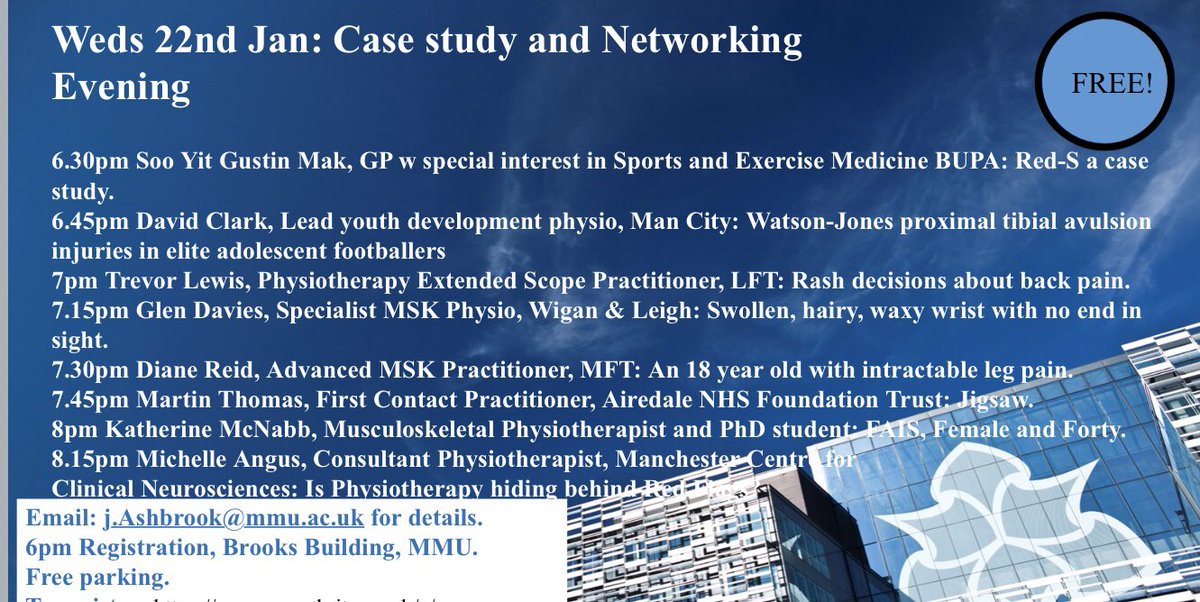 MMUPhysio's tweet photo. Thanks so much to all our speakers tonight, what a fantastic evening of interesting cases! @TrevorThePhysio @michangus @Diane_Reid1 @martinthomas11 @physioglen #DrGus #daveclarke #katherineMc https://t.co/fVR6tIKhcm