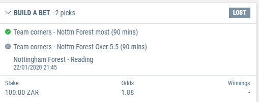 StormBets's tweet photo. Bet lost ❌1 point loss. Forrest 1 corner short in the end #footballtips #valuebet #stormbets https://t.co/a7iq1rKE0Z