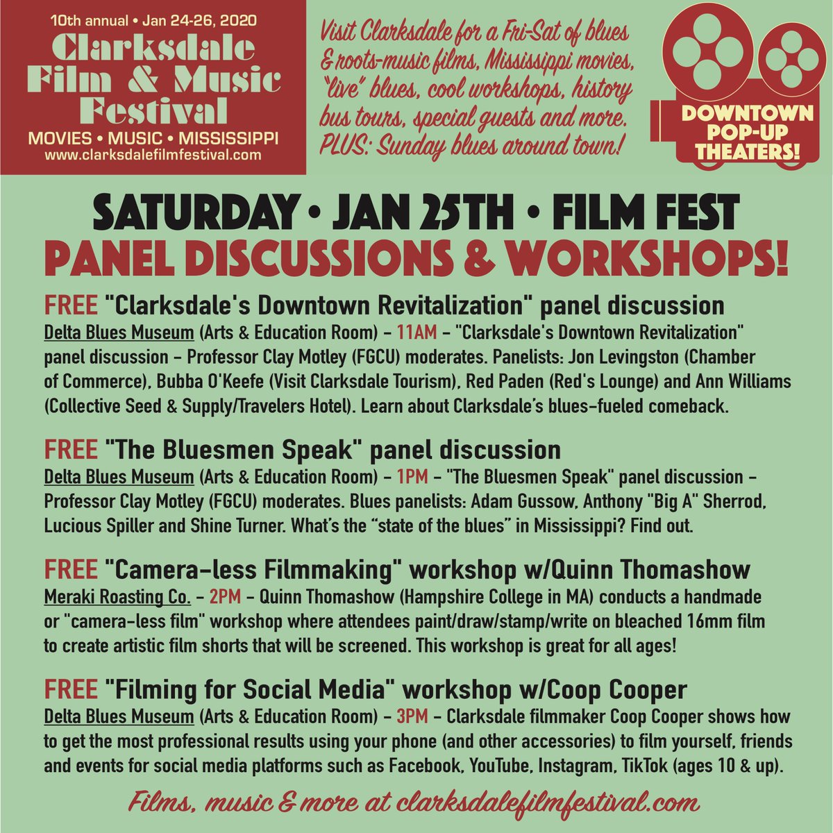 In addition to amazing movies and music, don't miss FREE panel discussions and workshops! "Clarksdale's Downtown Revitalization" panel @DBMClarksdale. <a href="/fgcuhonors/">FGCU Honors College</a> Professor Clay Motley moderates; panelists Jon Levingston, Bubba O'Keefe <a href="/VisitClarksdale/">Visit Clarksdale</a>, Red Paden, Ann Williams