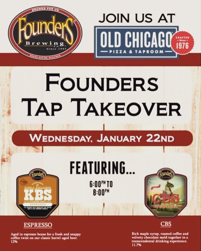 OldChicagoAV's tweet photo. Founders Tap takeover at 6-8PM, featuring KBS &amp; CBS! @foundersbrewing https://t.co/jNsYxaldDL