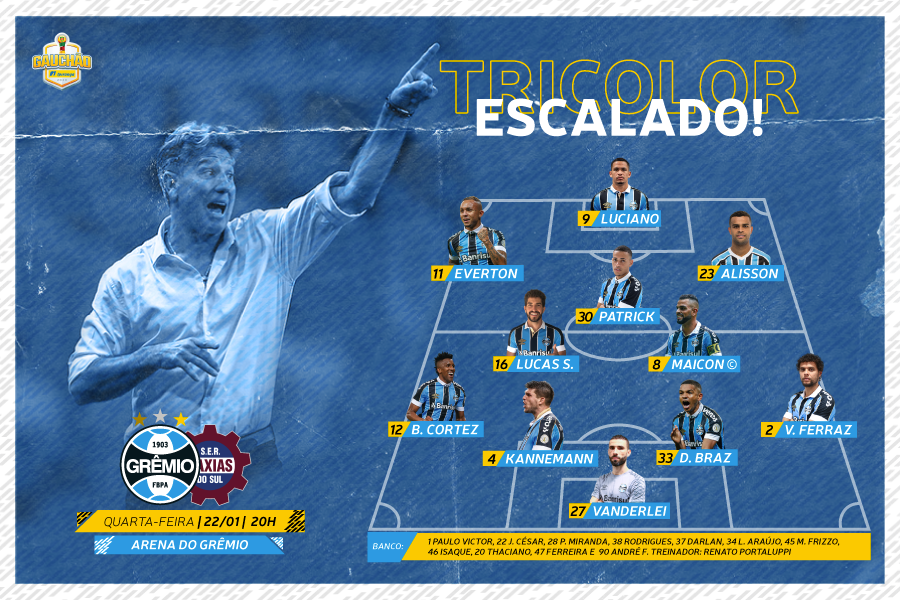 Gremio's tweet photo. 📋ESCALAÇÃO DO TRICOLOR! 
🇪🇪💪🏼⚽  #GRExCAX #Gauchão2020 #VamosTricolor https://t.co/e4qNUurrU7