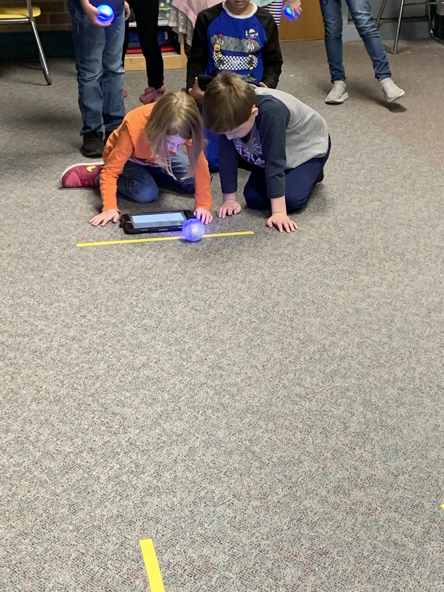 First graders are figuring out how to code their Spheros in order to “go bowling”. Wonderful problem solving and team work! <a href="/CodeforAll/">Code for All</a> <a href="/CSforALL/">CSforALL</a> <a href="/CSforAllMN/">CSforAllMN</a> <a href="/Sphero/">Sphero</a>