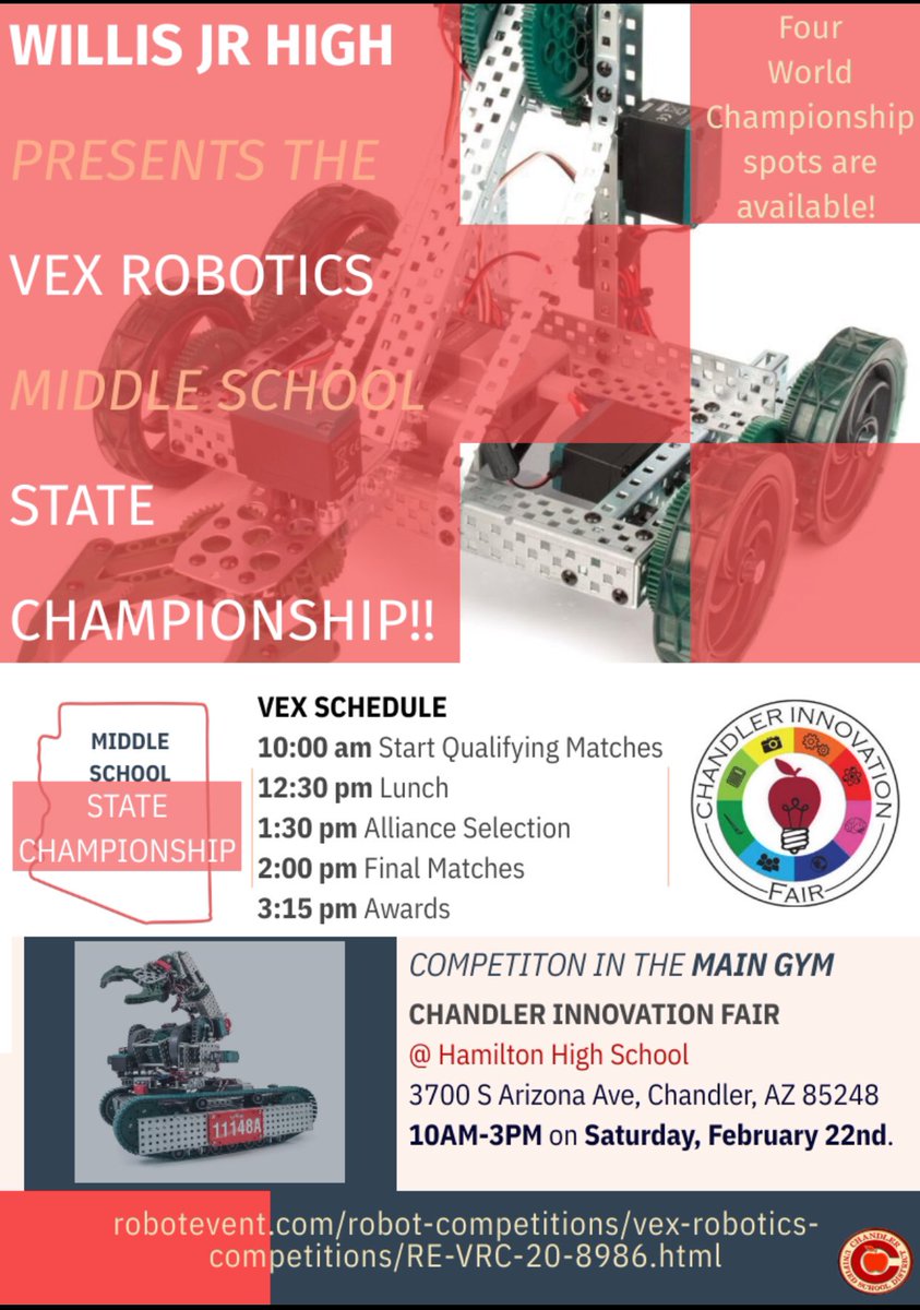 CUSD STEM (@cusdstem) on Twitter photo Save the date #Feb22 and come cheer on our students at the State VEX Robotics tournament...it is being held at the Chandler Innovation Fair this year🤖🤖🤖<a href="/WillisFirebirds/">WJHS</a> <a href="/ChandlerUnified/">Chandler Unified School District</a> <a href="/TheInodog/">🌟🌵Theinodog🌵🌟</a> #CIF #SaveTheDate Save the date #Feb22 and come cheer on our students at the State VEX Robotics tournament...it is being held at the Chandler Innovation Fair this year🤖🤖🤖<a href="/WillisFirebirds/">WJHS</a> <a href="/ChandlerUnified/">Chandler Unified School District</a> <a href="/TheInodog/">🌟🌵Theinodog🌵🌟</a> #CIF #SaveTheDate