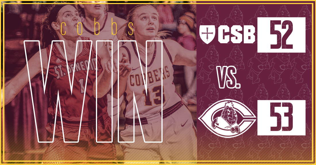 COBBS WIN🌽! COBBS WIN🌽! Autumn Thompson gets the game winner with :05 left. 
FG%: CC 37.5%, CSB 30.2%
3PT FG: CC 3-15, CSB 6-20
REB: CC 46, CSB 33
- Bailee Larson ⬇️ has 9 pts. &amp; a career-high 15 reb.   
- CC now 7-8, 5-5 MIAC
- Up Next: @ Augsburg on Sat.