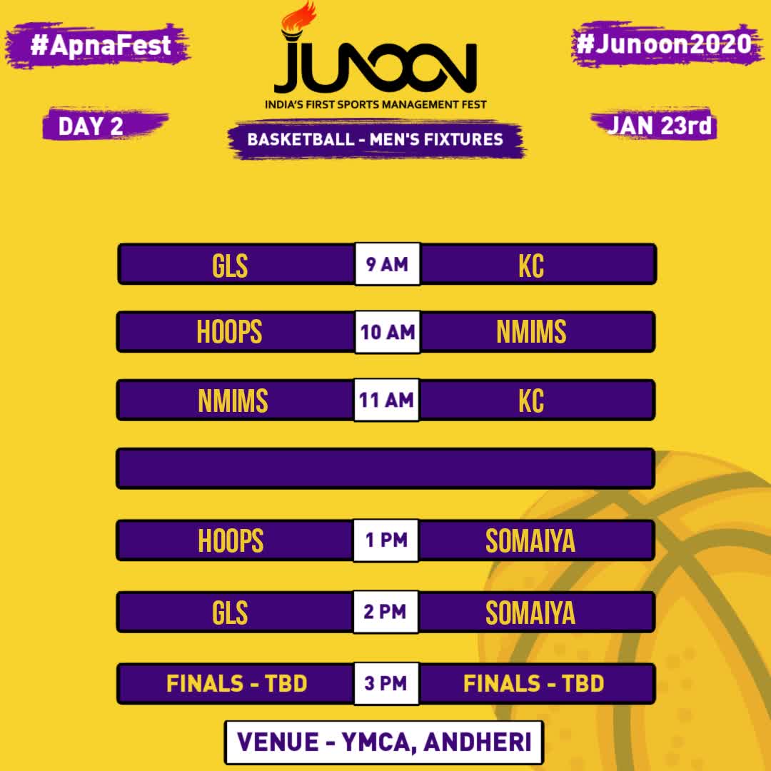 junoonsportfest's tweet photo. Pull up your socks and put on your boots, because the fixture list of Day 2 for JUNOON 2020 is in ✨😍

Which team do you think will come up with flying colours?🤔

#Junoon2020 #ApnaFest #sports #management #fest https://t.co/PxGkJB8MvQ