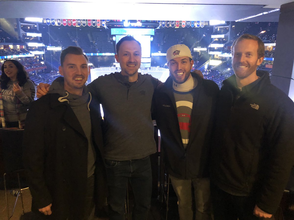 travisell's tweet photo. Thanks @971thefan for suite tickets tonight to the #CBJ game! Thanks @BeauBishop for taking the photo too. The other guys can’t stop laughing that I asked you to take the photo instead of be in it with us 😂 Thanks for being cool. I’ll photoshop you in later. https://t.co/NTT4l4i6CJ