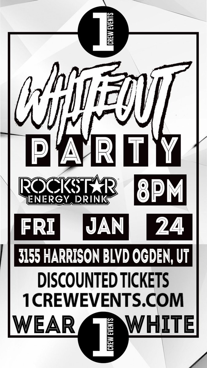CountdownUtah's tweet photo. ❕🤍👻UTAH WHITE OUT🤍❕

📍Harrison plaza Ogden📍

🎉 January 24th🎉

⏰ 9:00 PM - 1:00 AM ⏰

🔂 RT &amp; REPOST FOR $2 off ENTRY 🔂
#1crewevents
📲 TIX ONLINE @  https://t.co/KWP44HSZNT 📲 https://t.co/e4pUUCJLhv