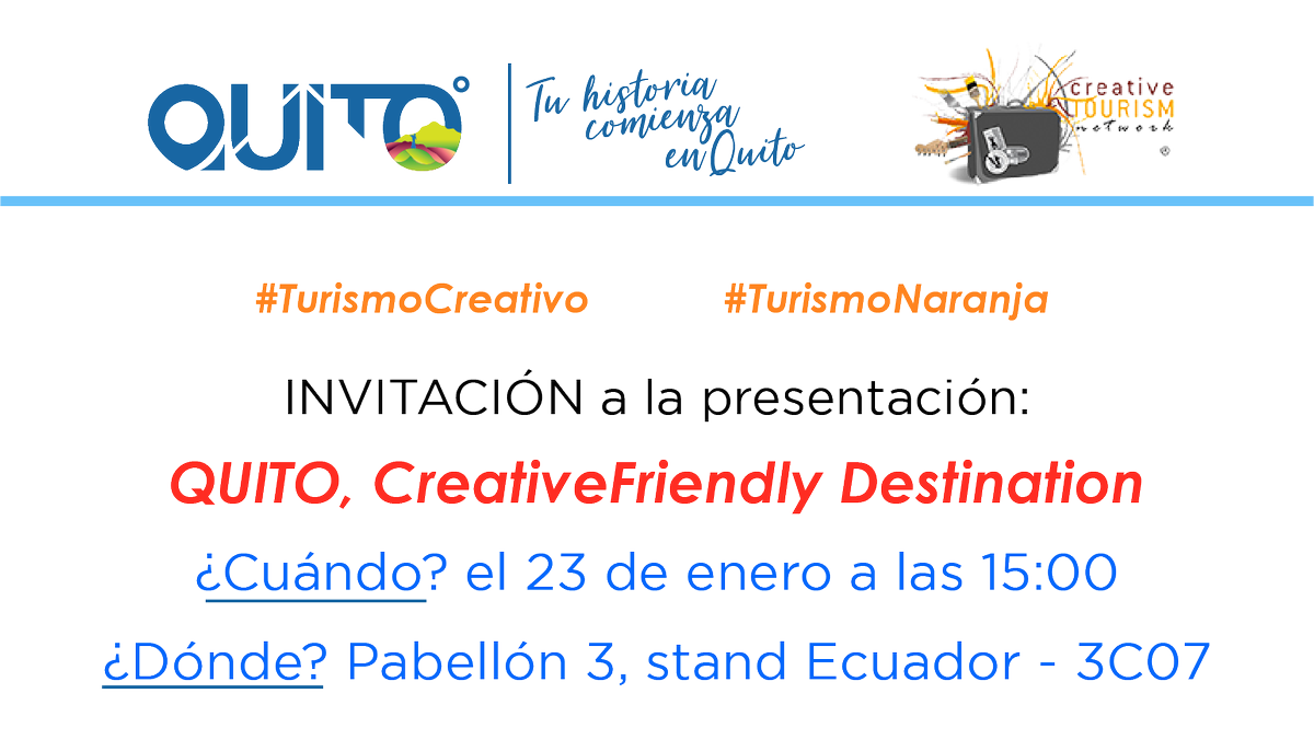 EPMQuitoTurismo's tweet photo. La magia de la #CapitalDelCentroDelMundo seguirá sorprendiendo en #FITUR2020 @fitur_madrid. Mañana 23 de enero a las 15:00 no te puedes perder la presentación de #Quito como #CreativeFriendlyDestination en #IFEMA40  stand 3C07. https://t.co/I5wouBuyoj
