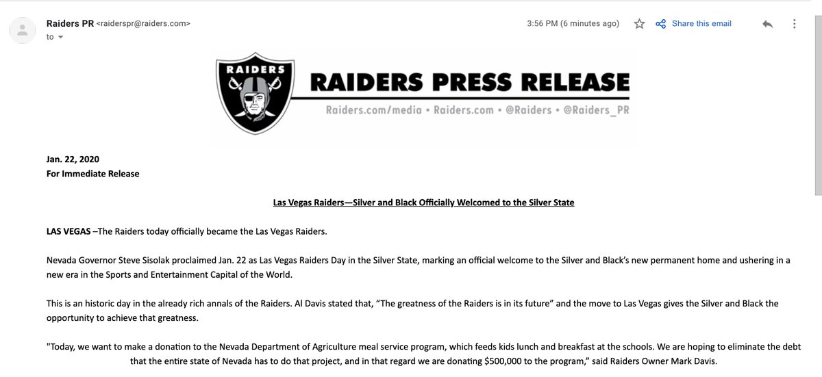 RalstonReports's tweet image. HISTORY.

Las Vegas Raiders!

And the Raiders are giving $500,000 to a state meals program! They are...amazing. They care. They love the state.

I may cry tears of joy.

(Only a spoilsport would mention we gave them $750 million in tax money to build their stadium.)
