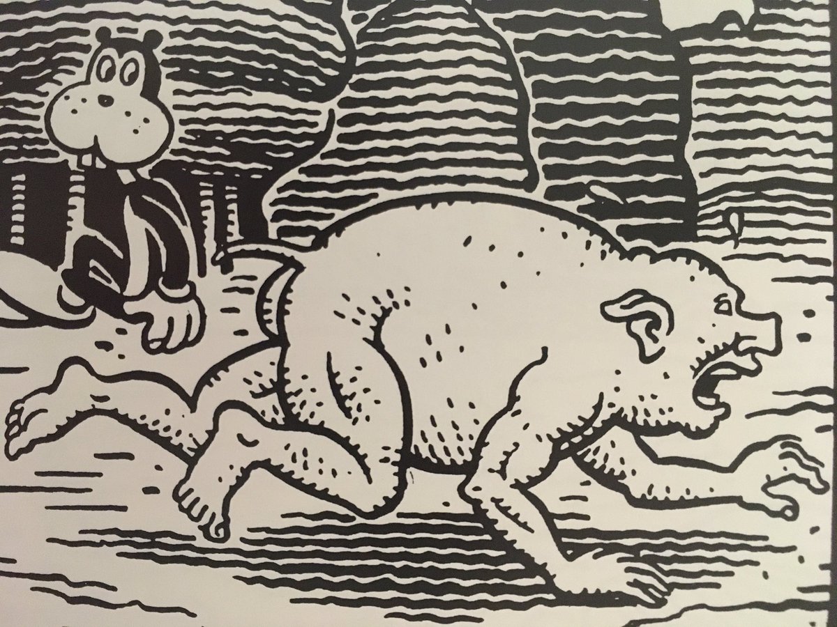 A comics panel featuring Manhog, from “Frank’s Real Pa,” by Jim Woodring. Manhog is fleeing off to the right as Frank looks on from the background. Manhog is a slightly hairy, naked, pig-bodied character with human arms and legs, who runs on all fours. He has a pig nose and ears in a human face. Kind of upsetting.