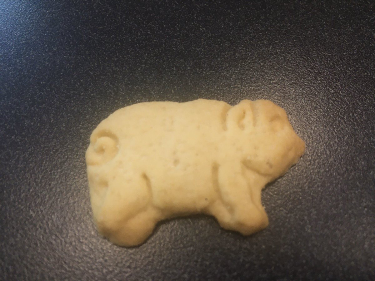 An animal cracker of a pig (probably). The face is strangely human, especially due to the pointed ears at human ear position.