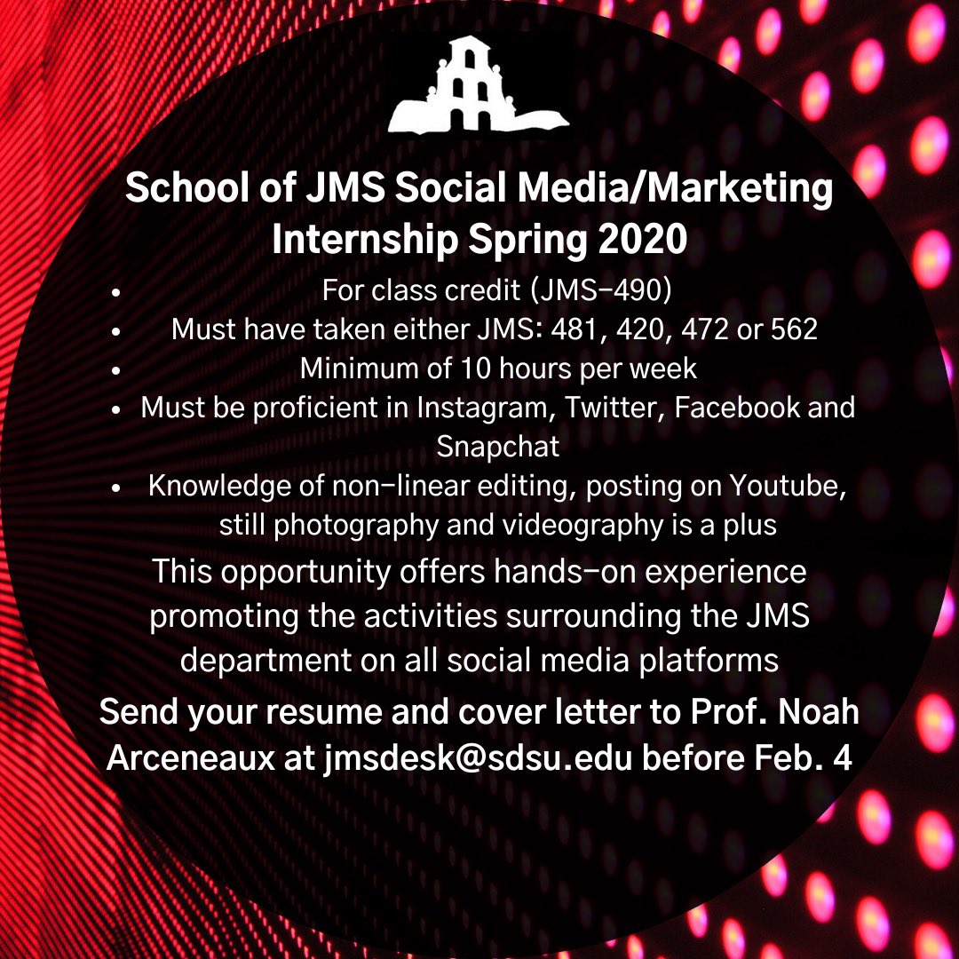 PRSSASDSU's tweet photo. Still looking for an internship for spring? Have you taken either JMS 481, 420, 472 or 562? If so, this is the perfect opportunity to get hands-on experience before graduation! If interested, email your resume and cover letter to Prof. Noah Arceneaux at jmsdesk@Sdsu.edu https://t.co/8EnEamJXpQ