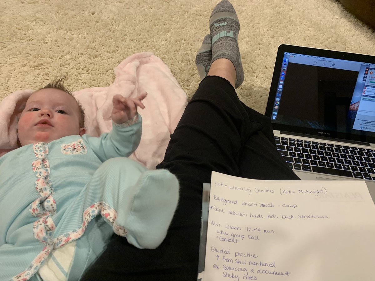 heycalisalley's tweet photo. How long will my webinar buddy last? Between blowing bubbles, giggles, ‘talking’, and diaper changes I don’t think she’s learned much. #litandlearning #webinar #sallbabe3 #shesakicker #multitaskingmom https://t.co/Kwm0X4OFTP
