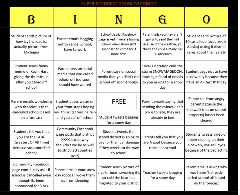 Superintendent Snow Day Bingo
