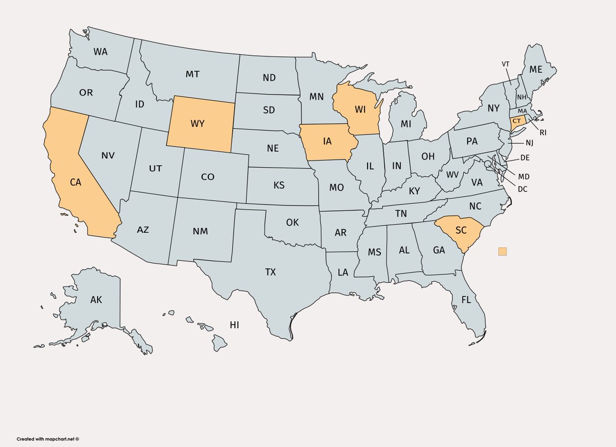 A map of the US with CITES Framework District states highlighted: California, Wyoming, Iowa, Wisconsin, South Carolina, and Connecticut