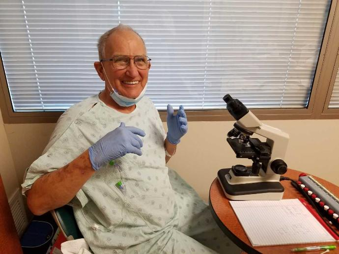 While in the hospital, Dr. Bryant refused to not work. One of his students brought him a microscope with all the slides he needed to work with while he was isolated for several months. Dude blows my mind.