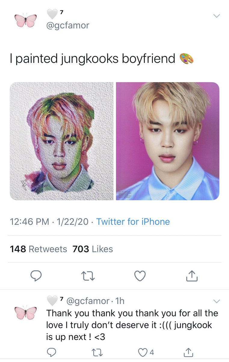 NO FUCKING WAY THIS IS SO CLOWN... SHE REALLY THOUGHT SHE COULD TWEET A PICSART EDIT AND TELL HER FOLLOWERS SHE PAINTED A PICTURE OF JIMIN.... AND THE TWEET HAS OVER 700 LIKES.... PLEASE THIS IS SO MESSED UP ... PLS GIVE PPL THAT ACTUALLY DO ART THE RECOGNITION INSTEAD 😭