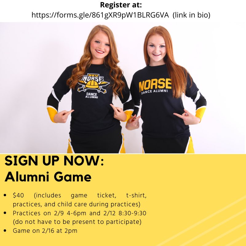 TIME IS RUNNING OUT!! Don’t forget to sign up to participate in our annual alumni dance. Practices will take place on February 9th and 12th. The game is on February 16th. For more information click the link in our bio! #NKUDT #ALUMNI #NORSEUP