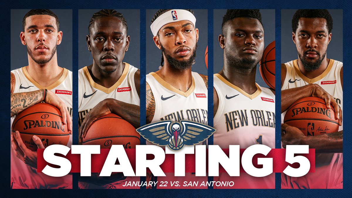 PelicansNBA's tweet photo. New face in tonight's starting five 👀

@ZO2_ 
@Jrue_Holiday11 
@B_Ingram13 
@Zionwilliamson 
@dfavors14 

#WontBowDown https://t.co/QVY0FpjFCZ