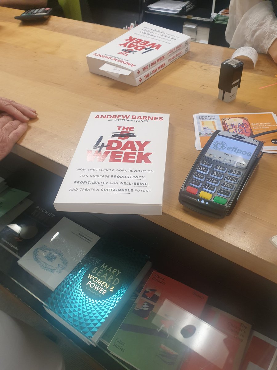 The till at <a href="/unitybookswgtn/">Unity Books Wellington</a> had a queue of <a href="/4dayweek_global/">4 Day Week Global</a> sales today! Nice work Andrew!! #WeekendRead