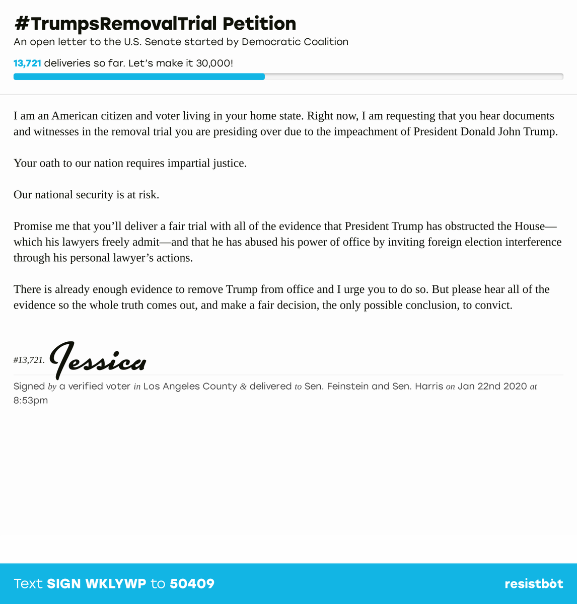 openletterbot's tweet photo. Jessica in North Hollywood, Calif. signed an open letter to the U.S. Senate. #TrumpsRemovalTrial Tap to send to your officials: https://t.co/1KTdvUEEHc https://t.co/vHYakm4Z9U