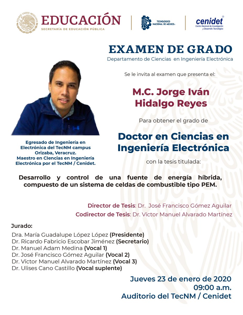Mañana a las 9:00 a.m. examen de grado del Departamento de Ingeniería Electrónica del TecNM/Cenidet.

¡Éxito Jorge Iván Hidalgo Reyes!

#OrgulloTecNMCenidet
#CenidetTecNMFortaleciendolaVinculaciónInterinstitucional