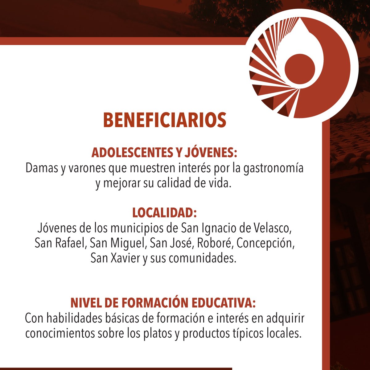 PlanMisiones's tweet photo. Estamos buscando a los nuevos estudiantes de la carrera de Gastronomía y Alimentación de la gestión 2020. Si estás interesado en este programa de Técnico Auxiliar, sólo tienes que postular.#SantaCruz
📱71348454 (WhatsApp) / 962- 2256 y 972-2376 
📧  escuelataller@planmisiones.org https://t.co/ibJggEccIq