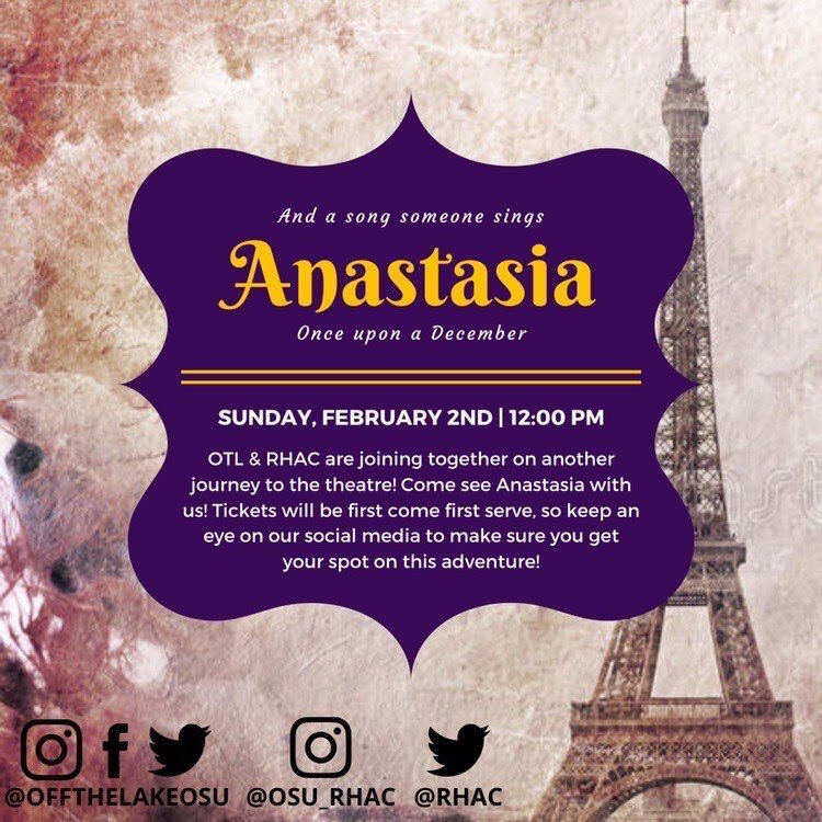 Join us for a magical night on February 2 at noon for Anastasia the musical! Transportation is provided! The sign up will open tomorrow (Thursday, Jan 23) at 5pm for 20 spots!
