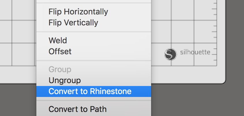 Screenshot of a dropdown menu from Silhouette Cameo design software. Menu option "Convert to Rhinestone" is highlighted.