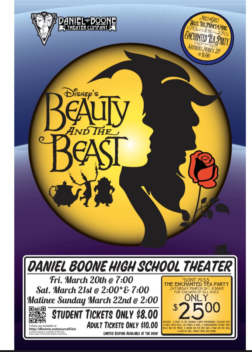 dbhsTC's tweet photo. Mark your calendars! Disney’s Beauty And The Beast will make it’s debut to Daniel Boone High School starting Friday March 20th, 2020! https://t.co/rCziAB3CET